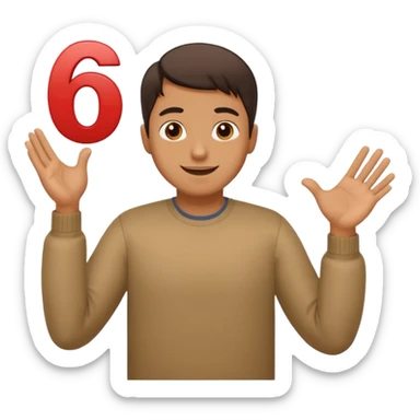 A man shrugging his shoulders with 6 abuve his left hand and 7 abuve his right sticker