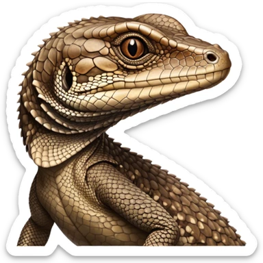 Cinematic Noble brown camo spotted monitor Lizard Portrait Emoji, Poised and regal, with a robust, scaled body exhibiting striking, mottled patterns and piercing, alert eyes, Simplified yet sharp and sophisticated features, highly detailed, glowing with a soft, earthy glow, high shine, intelligent and formidable, stylized with an air of ancient wilderness, focused and commanding, soft glowing outline, capturing the essence of a watchful and confident reptilian guardian that appears ready to stride out of the screen with effortless authority! sticker