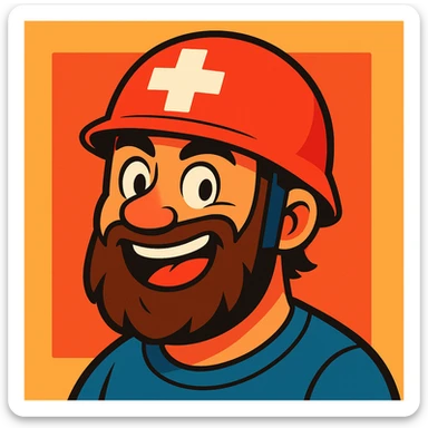 bearded man with a red medic helmet, cartoon style, expressive face, white cross on helmet, simple background sticker