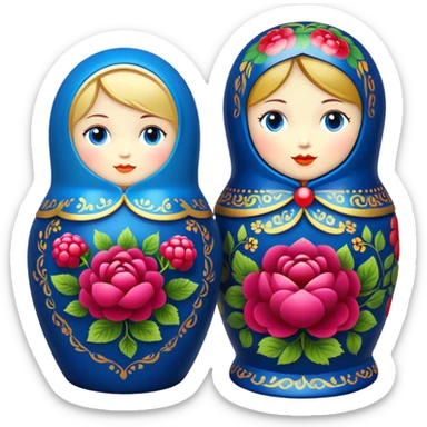 blue matryoshka doll painted in Khokhloma style with a raspberry inside sticker