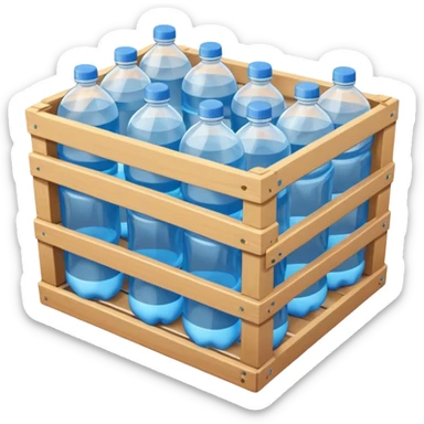 A 3D cartoon crate filled with water bottles, neatly arranged, bright industrial background, smooth reflections, realistic Memoji-style. sticker