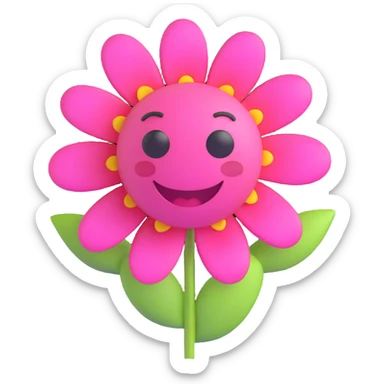 cute pink emoji face catching a flower in its mouth, playful and innocent, sparkling eyes, 3D emoji style sticker