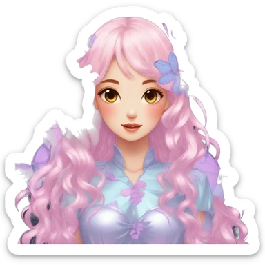 gorgeous shiny blushing anime pastel lady with butterflies and beautiful hair fairycore high quality detailed vogue trending aesthetic sticker