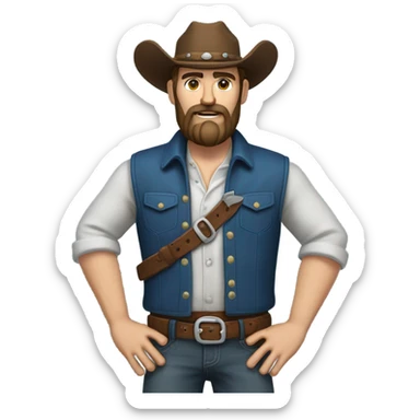 a rugged cowboy with a thick beard, wearing a blue vest over a classic western shirt and a brown belt with a silver buckle. He should have a confident stance, showing full torso sticker