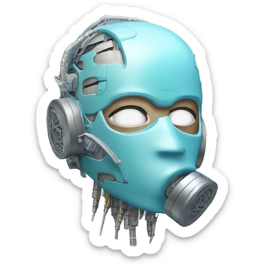 Pastel blue haired cyborg head with silver respirator mask and circuits sticker