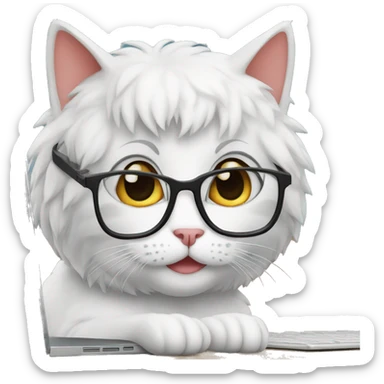 a nerdy cat in front of a computer and glasses sticker