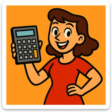 woman in a red dress, calculator in hand, cheerful expression sticker
