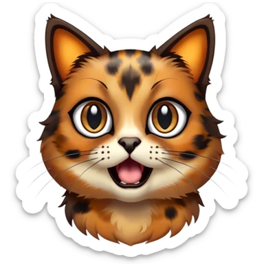 Cinematic Comical Tortoiseshell Cat Portrait Emoji, Head cocked dramatically with an over-the-top shocked expression, featuring a rich mottled fur of browns and blacks and wide, comically animated eyes full of playful disbelief, simplified yet hilariously detailed, glowing with a bold, sassy radiance, high shine, exuding a mischievous and spirited charm, styled with a soft glowing outline, capturing the essence of a tortoiseshell cat that appears ready to burst into comical antics! sticker