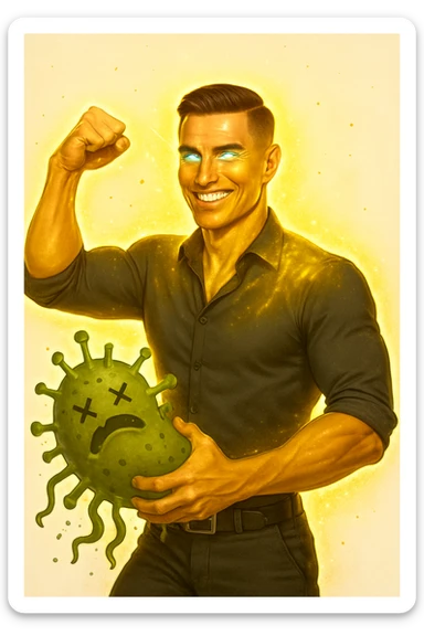 Un uomo atletico (30-40 anni) dalla pelle perfettamente liscia, senza cicatrici o imperfezioni, che emana un leggero bagliore dorato (metafora degli anticorpi).
Occhi brillanti con riflessi blu-verdi (simbolo di salute estrema).
Postura eroica, con un braccio sollevato in un gesto di forza, mentre con l'altro tiene un batterio gigante schiacciato come se fosse un mostro sconfitto. sticker