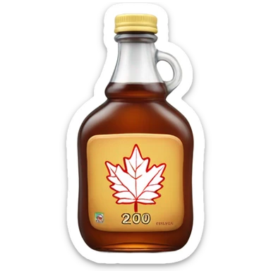 A bottle of maple syrup with a maple leaf as the logo on front of the bottle sticker