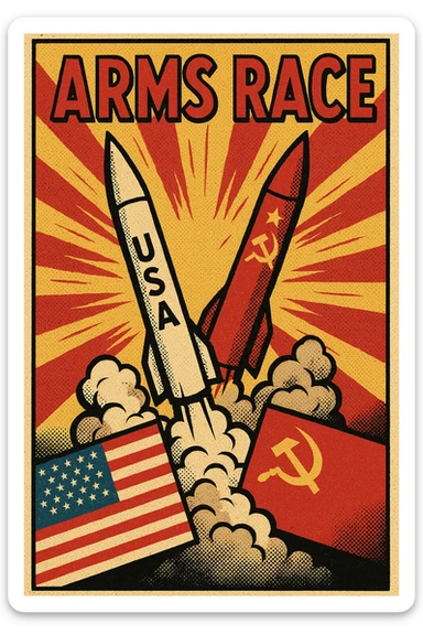 An poster showing the image of an ARMS RACE between the USA and Soviet Union during the Cold War with images of nuclear missiles sticker