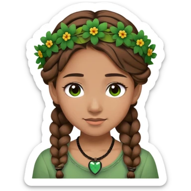 girl, braid, brown hair, brown eyes, black flower crown, green shirt, black necklace, closeup, winking sticker