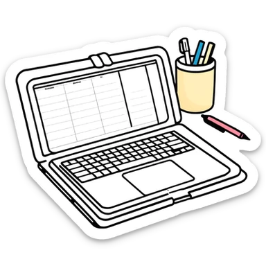 A planner with a pen next to the Macbook sticker