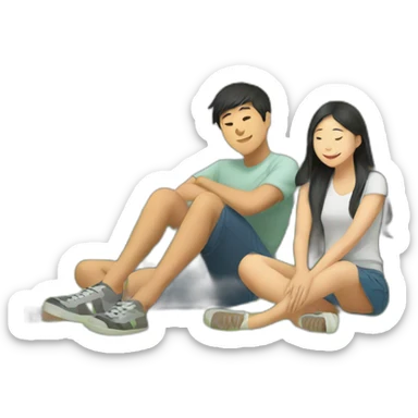 An asian teen man and teen girl relaxing under a tree sticker
