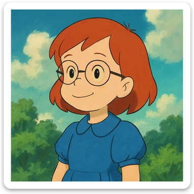 Little Suzy from Johnny Bravo, smart young girl with red hair, blue dress, in Ghibli art style sticker