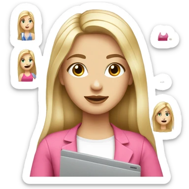 Graphic designer blonde girl with long hair and fair skin with grey eyes with Pink laptop  sticker