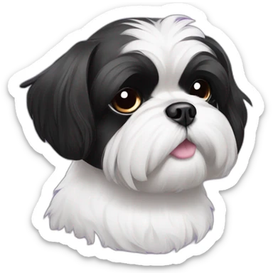 half face black and half white shihtzu dog wearing a bun and a pueple collar sticker