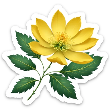 Japanese style Fukujuso (Adonis amurensis) flower in ukiyo-e inspired design, bright golden-yellow petals, green feathery leaves, traditional composition on subtle rice paper texture sticker