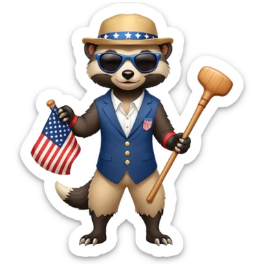 friendly anthropomorphised honey badger in USA Independence Day outfit, wearing sunglasses, holding a club, ready stance sticker