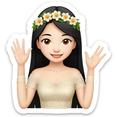 beautiful happy Thai woman with long straight black hair, fair skin, smiling gently while doing Thai greeting gesture (wai), wearing a cream lace off-shoulder blouse, hair decorated with flowers, pastel background, emoji style illustration sticker
