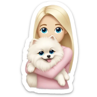 Blond girl white skin blue eyes hugging white Pomeranian with light pink bow sticker