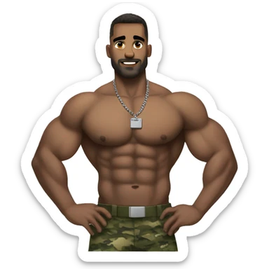 Bodybuilder hairy chest with military haircut  and dogtags sticker
