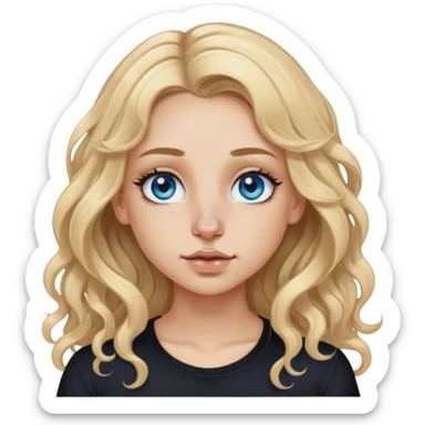 blonde polish girl, long and curly dirty blonde hair in a middle part, long eyelashes, blue eyes, black shirt, nose piercing sticker