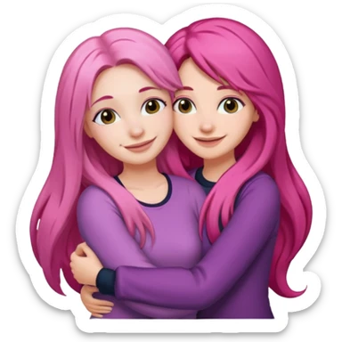 Surprisingly goofy once they open up. Strong, loyal, and incredibly supportive — but still hates wasting time. woman long pink hair hugging another woman with dark hair sticker