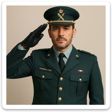 Guardia Civil officer saluting, formal uniform, Spanish law enforcement, respectful pose, simple background sticker