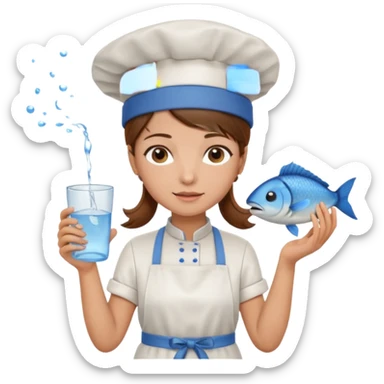 A girl with brown hair with a chef hat wearing an apron and holding a fish and a cup of water in another hand sticker