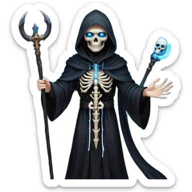 portrait of a god of death in black robes, skeletal hands, glowing blue eyes under a shadowed hood, scythe in hand, floating slightly above the ground, surrounded by spirits sticker