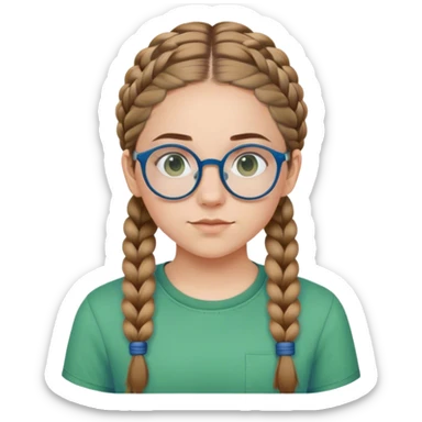 White teen girl with two brown French braids wearing a green shirt with blue round glasses sticker
