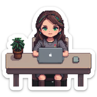 a girl sitting at a desk with a MacBook, focus on face and laptop, pixel art style sticker