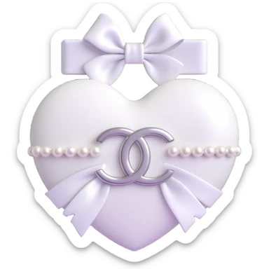 Add a white bow to the heart with pearls and silver Chanel logo, keep it elegant, glossy, black and white, 3D emoji style. sticker