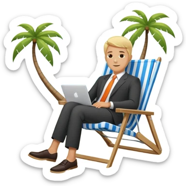 blonde man in business suit sitting in a beach chair on a tropical beach, vacation sticker