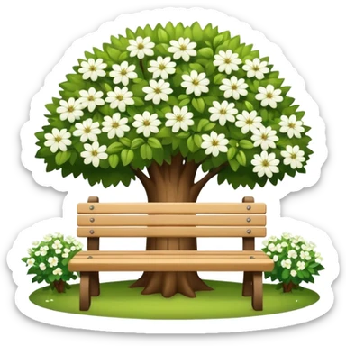 beautiful bench against the background of a tree with blooming white flowers sticker