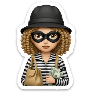 woman with robber mask concerned curly hair and robber outfit hat sticker