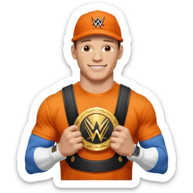 John Cena in orange cap and tshirt with wwe championship sticker