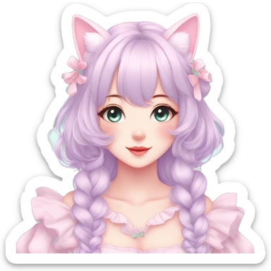 Gorgeous pastel anime style lady with blushing face and cat ears cottagecore fairycore pastelcore colorful pearly romantic simplistic aesthetic trending style full body sticker