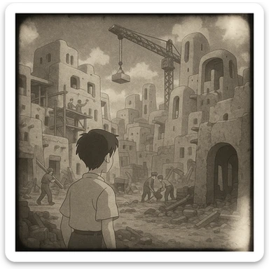 8mm film black and white, no color, light leaks. the image shows post-war reconstruction in the z'rian commonwealth capital region, santa-fe neo-adobe futuristic architechture sticker