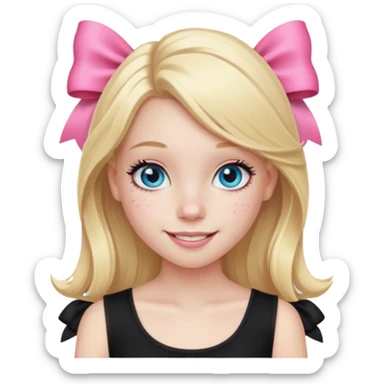 A blonde girl, teen, pale skin, freckles, light blu eyes, lashes, smiling, black top, pink coqquete bow in hair sticker