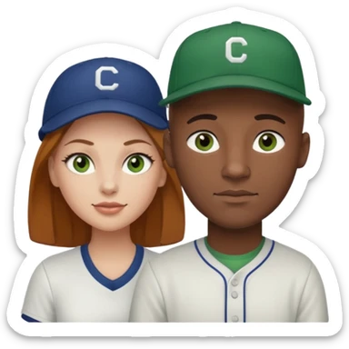 Black bald guy with a baseball cap & a white girl brown hair green eyes sticker
