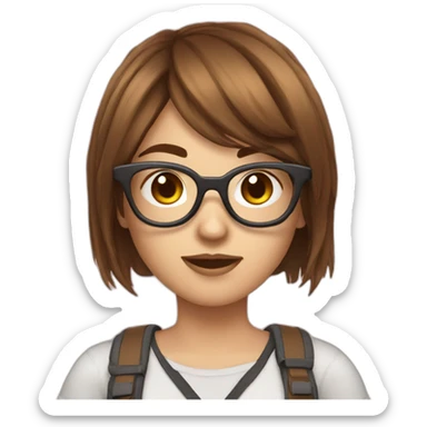 Gamer girl, brown hair, fringe, raund glasses sticker