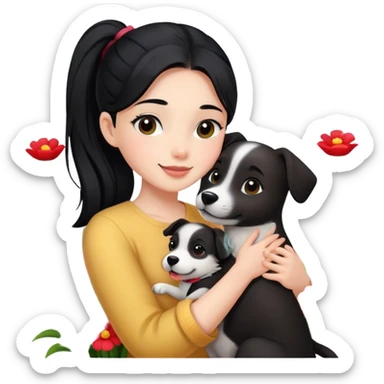A beautiful girl with black ponytail happily hugs a dog in the flowers sticker