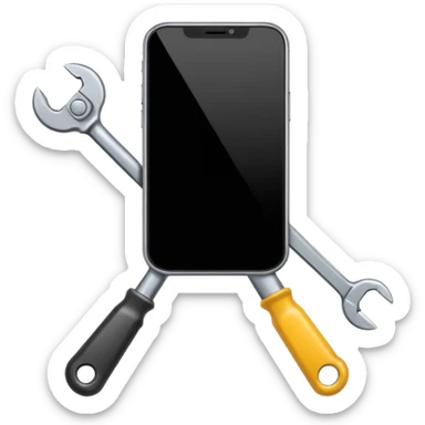 Minimalistic flat vector icon, iOS style, thin black contour on white background. Smartphone with a wrench and screwdriver crossing it. Clean, no text, no shadows sticker