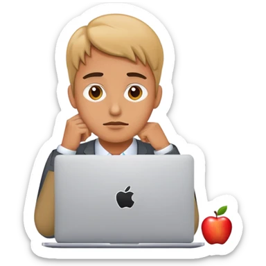 tired employee at an Apple laptop sticker