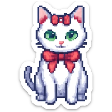 Make the cat white with a pink ribbon on her head, no background, in pixel art style. sticker
