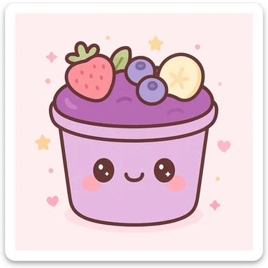 Acai bowl in a purple plastic cup, kawaii style, cute face on cup, purple acai, playful fruit toppings sticker