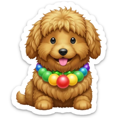 Golden doodle with a rainbow collar and a green ball in its mouth  sticker