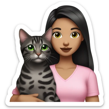 Girl with black eyes and black hair, shoulder length straight black hair, wears a Pink blouse outfit, kissing a gray bengal cat with Green eyes sticker